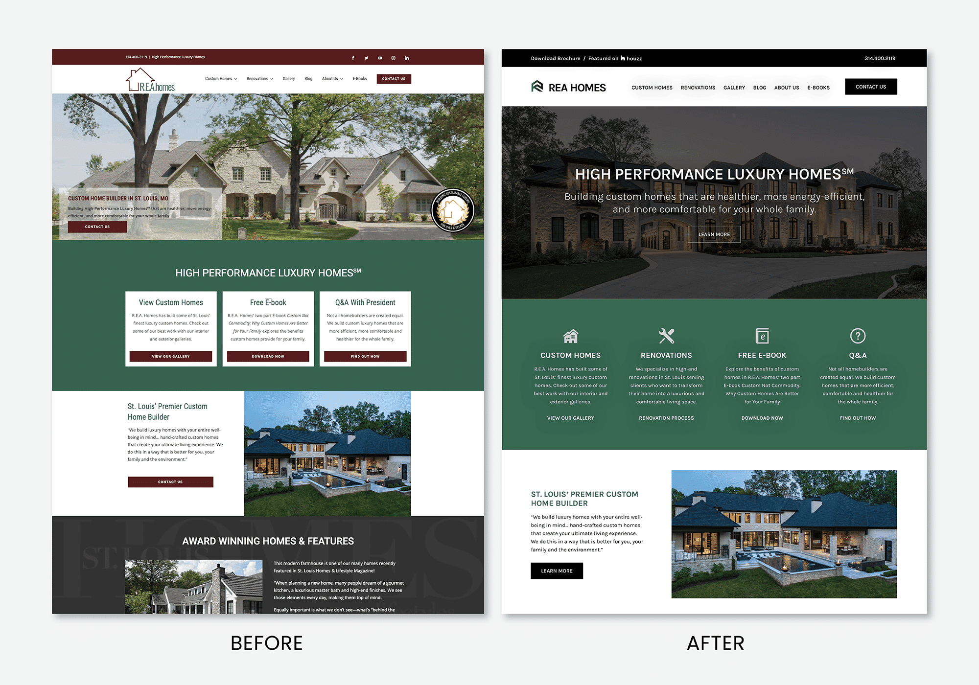 REA Homes website before and after